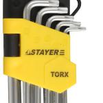 Набор STAYER "MASTER": Ключи имбусовые короткие, Cr-V, сатинированное покрытие пластиковый держатель, Т10-Т50мм, 9 предметов/2743-H9